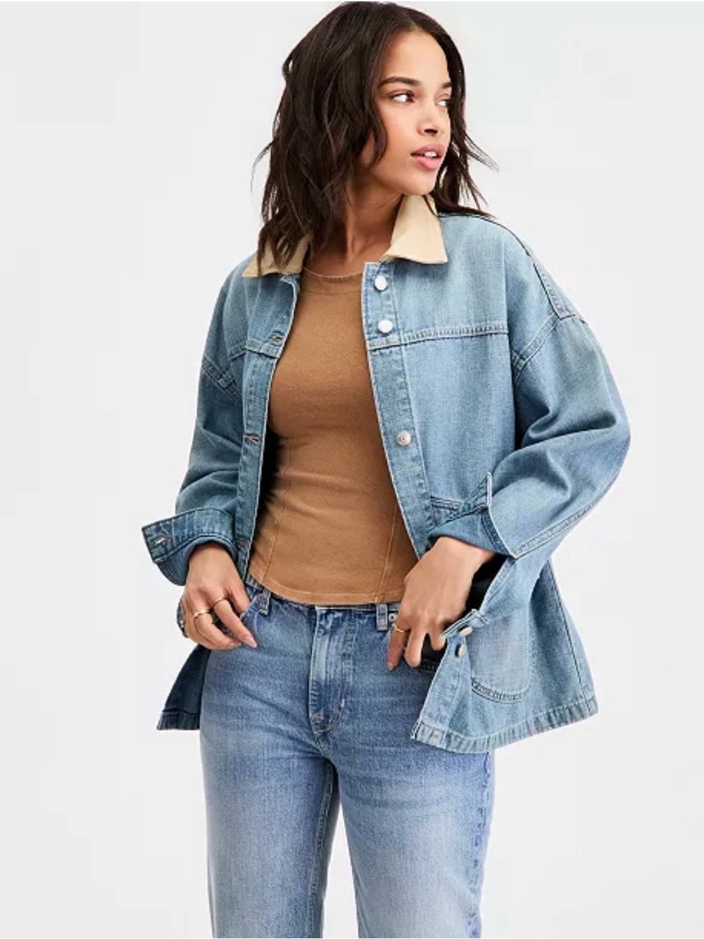Free People Lemon Oversized Light Wash Denim Jacket with Contrast Collar